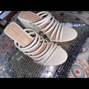 White Block Heel Multi Tube Strap Mules